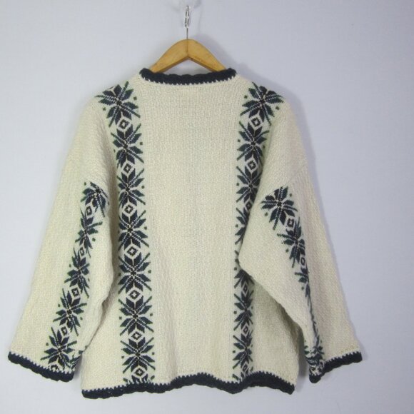 Yarina Ecuador Unisex L Ivory Navy Wool Cardigan Sweater Snowflake 50" Coat - Picture 2 of 12